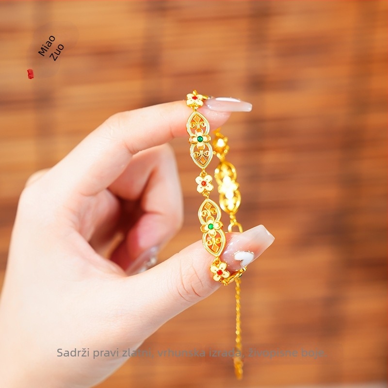 Bakreni narukvica s emajlom, motiv cvijeća i Ruyi, elektroplatirana završnica, Pz accessories, Yiwu, jesen 2024, gradski stil za ured