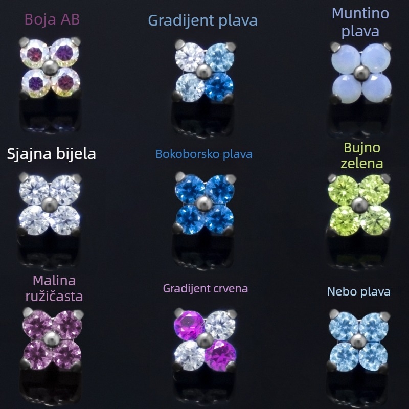 Glava za zamjenu lip stud piercinga od titanija, unutarnji navoj, motiv četverolist i zvijezda s četiri vrha, dijamantno brušenje