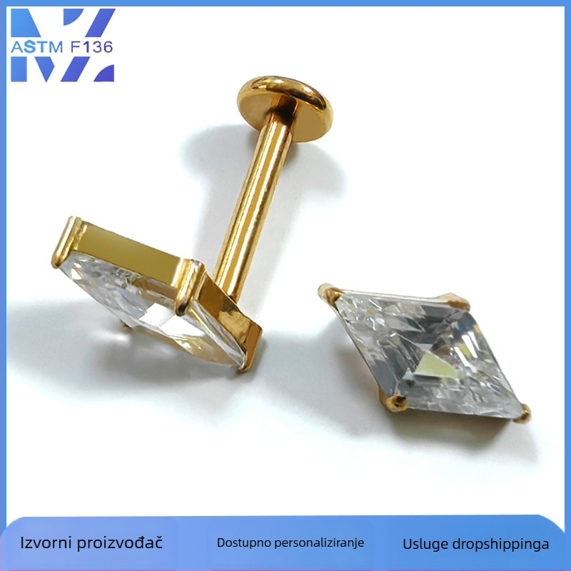 G23 titan romboidni naušnice s bijelim kristalom, polirani završetak, unisex stil