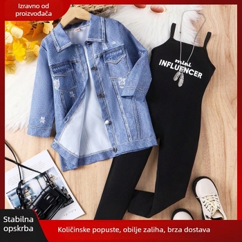 Dječji dvodijelni set u imitaciji denima: jumpsuit s natpisom i džins jakna, jesen-zima, uzrast 3–8 godina, 65% pamuk