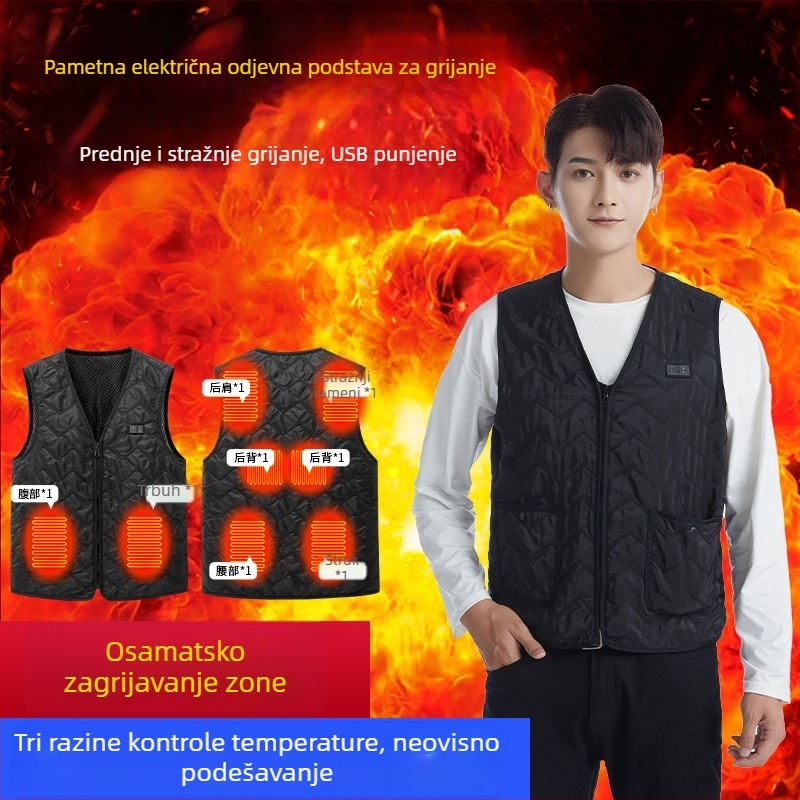 Grijana vesta s V-izrezom, 8-zonsko grijanje, USB napajanje, uski kroj, džepovi