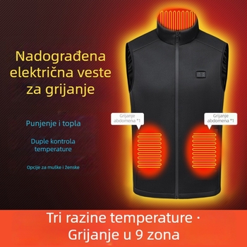 Pametni grijani prsluk – 9-zonsko grijanje s dvostrukom kontrolom, konstantna temperatura, stojeći ovratnik sa zatvaračem, tkanina od poliesterskih vlakana