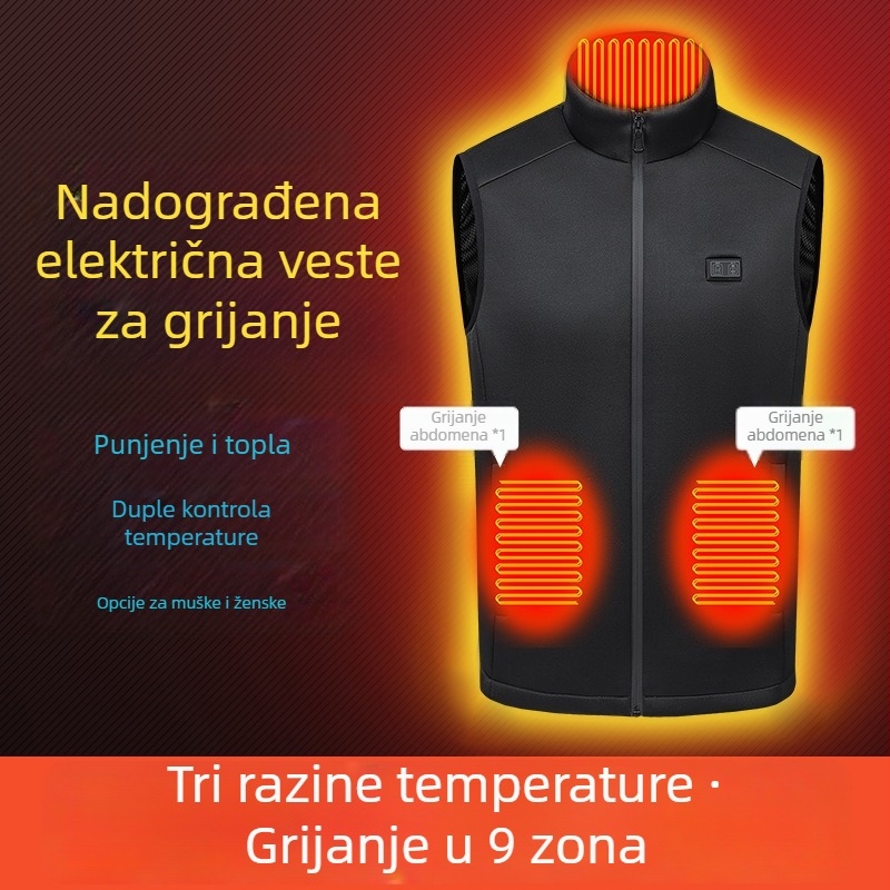 Pametni grijani prsluk – 9-zonsko grijanje s dvostrukom kontrolom, konstantna temperatura, stojeći ovratnik sa zatvaračem, tkanina od poliesterskih vlakana