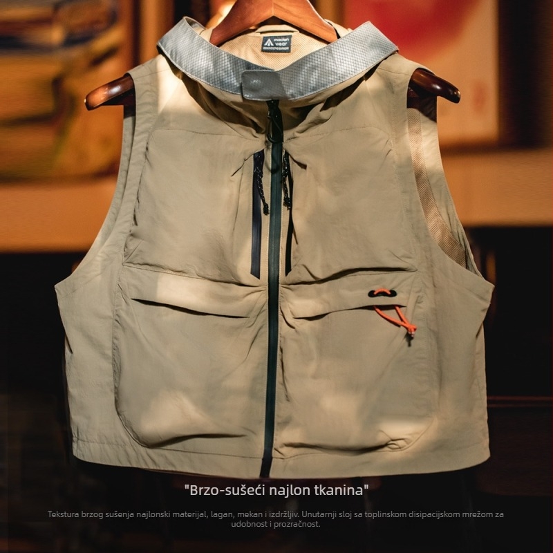 Muški radni prsluk s kapuljačom, brzo-sušnji najlon, višestruki džepovi, za kampiranje i ribolov