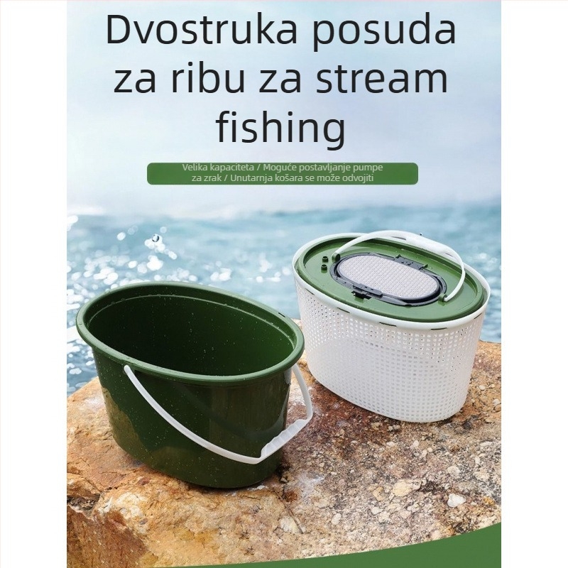Kanta za ribolov za žive ribe, dvostrukog sloja, čvrsta plastika, 2-u-1 dizajn
