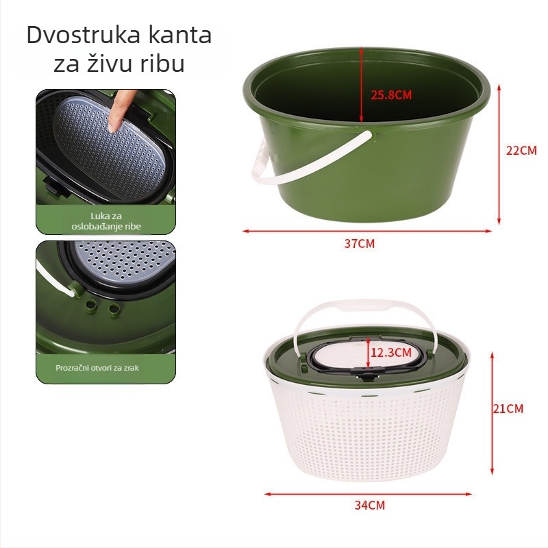Kanta za ribolov za žive ribe, dvostrukog sloja, čvrsta plastika, 2-u-1 dizajn