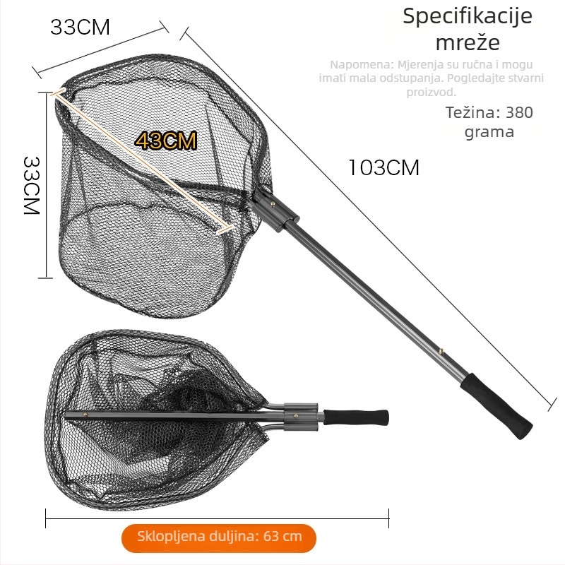Trokutasta sklopiva mreža za ribolov s teleskopskom aluminijskom šipkom, lagana čvrsta konstrukcija, odvojiva podijeljena mreža za ribolov u jezeru