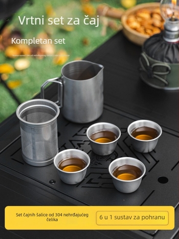 Vanjski čajni set od 304 nehrđajućeg čelika, 6 dijelova, za kampiranje/piknik, uključuje čajnik i šalice, pogodan za kuhanje čaja na štednjaku