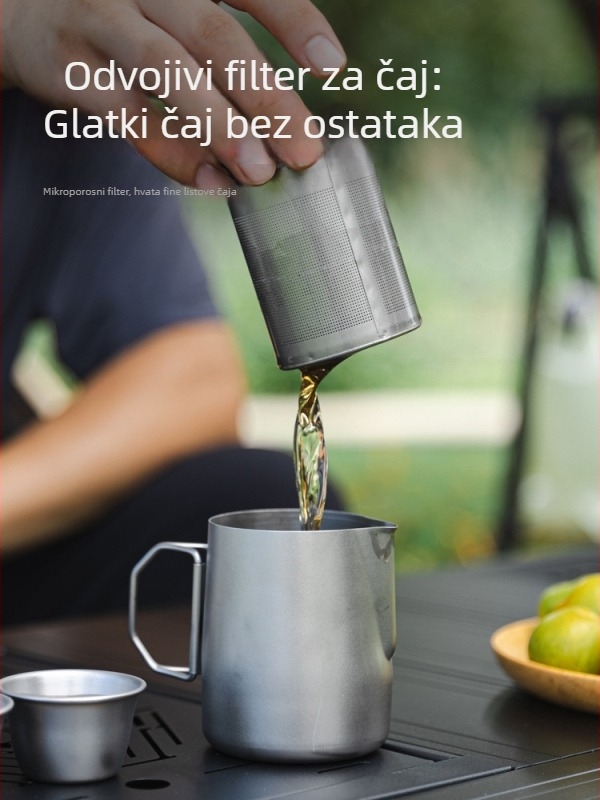 Vanjski čajni set od 304 nehrđajućeg čelika, 6 dijelova, za kampiranje/piknik, uključuje čajnik i šalice, pogodan za kuhanje čaja na štednjaku