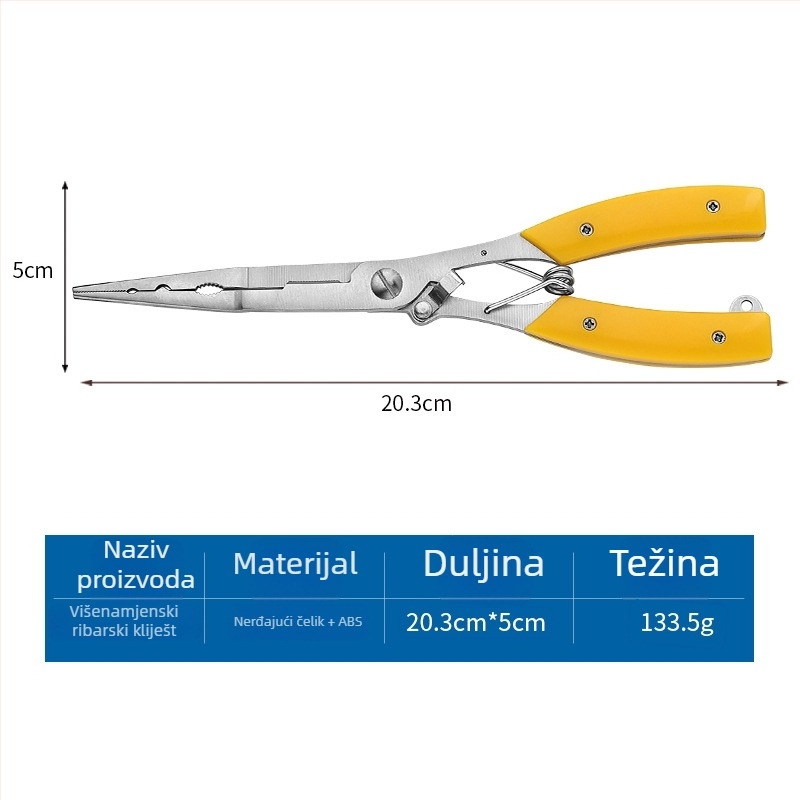 Samozaključavajuće nehrđajuće čelične alate za ribolov, produžena verzija, s otvorom za petlju i odvijačem za udice, višenamenske škare za ribolov (Brend: Mincheng; Materijal: Nehrđajući čelik; Kategorija: Oprema za ribolov; Sastav: Nehrđajući čelik)