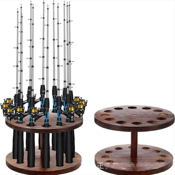 Drveni stalak za štapove za ribolov s rotirajućim prikazom, dvije etaže, podni nosač, za kampiranje na otvorenom