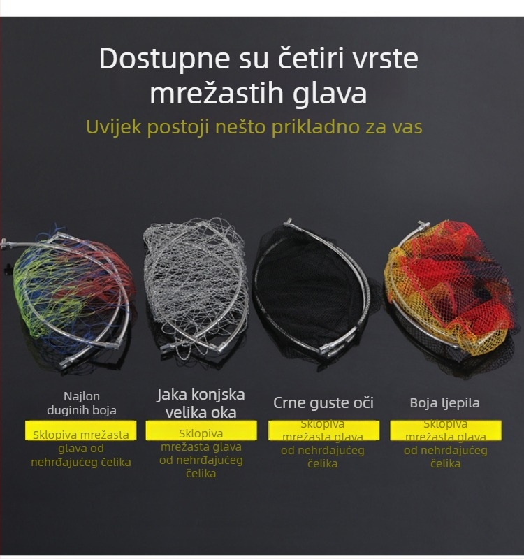 Sklopiva glava mreže od nehrđajućeg čelika, mreža s velikim otvorom, šarolita za ribolov