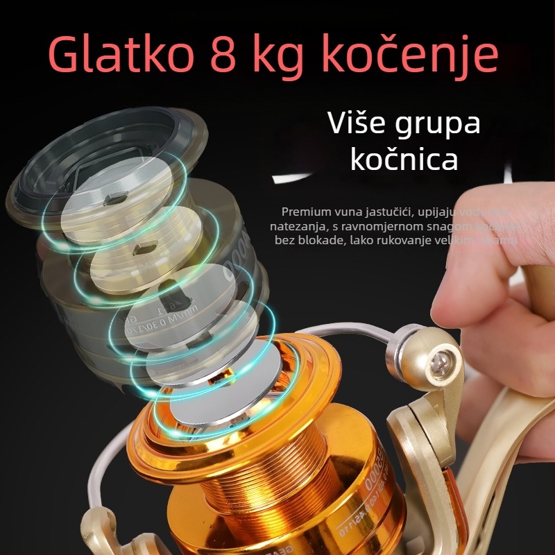 Spinning kolut, potpuno metalna konstrukcija, mogućnost zamjene ručice s lijeve na desnu, omjer prijenosa 5.2:1, pogodan za morski ribolov