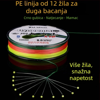 Glavna linija, PE pletena linija s 12-, 8- i 4- niti­ma za duga bacanja, visoka čvrstoća, nosivost 10–100 kg