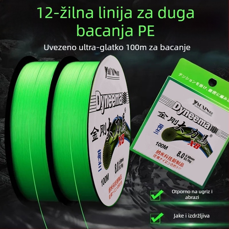 Glavna linija, PE pletena linija s 12-, 8- i 4- niti­ma za duga bacanja, visoka čvrstoća, nosivost 10–100 kg