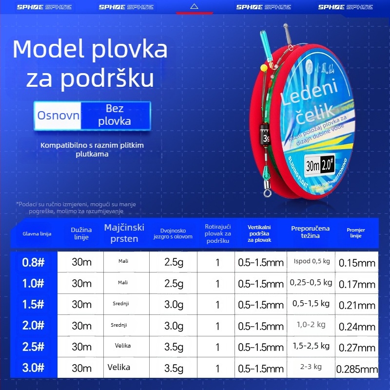 Set linija za ledeno pecanje s kliznim plovkom – 30 m najlona