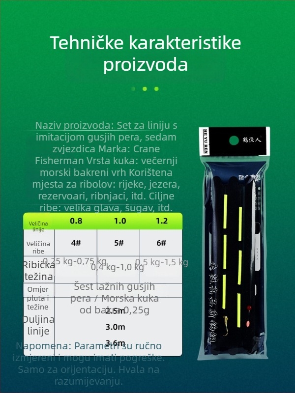 Komplet ribarske linije s imitacijom gusjih pera, plovak sa sedam zvjezdica, kuka s bakrenom glavom, dugi cilindrični plovak, plastični glavni najlon, duljine 2.5/3.0/3.6 m