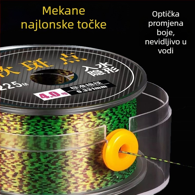 Glavna ribolovna linija — najlon, točkasti uzorak, mek osjećaj, visoka napetost (Tip: glavna linija; Materijal: najlon; Uzorak: točkasti; Tekstura: mek; Napetost: visoka)