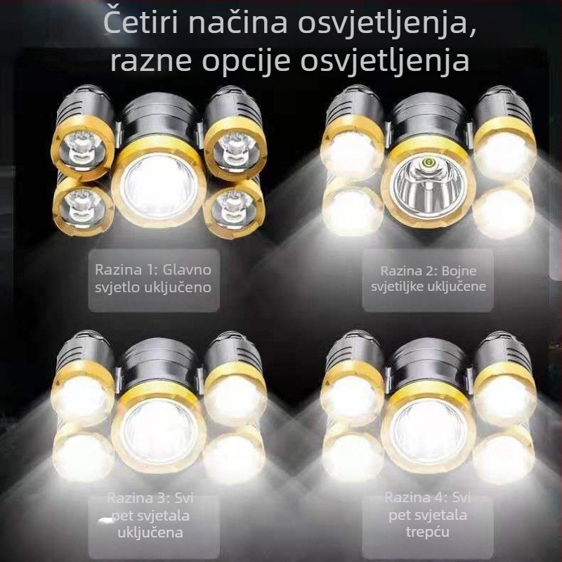 Čelna lampica s pet LED diodama, punjiva, ručni pogon, 3W, domet do 50 m