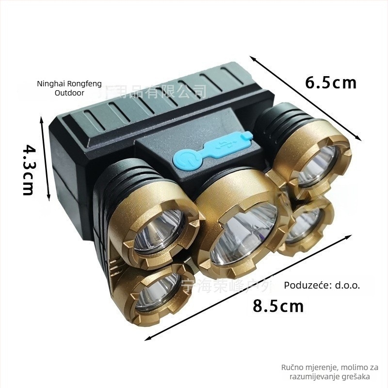 Čelna lampica s pet LED diodama, punjiva, ručni pogon, 3W, domet do 50 m