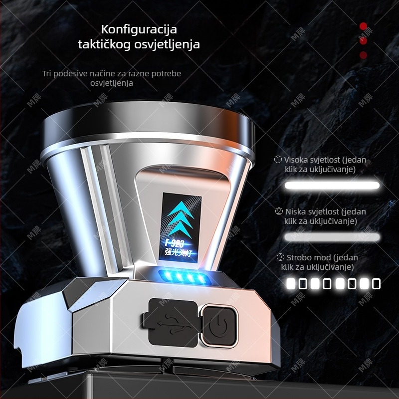 Napajana LED čelna lampica za dugi domet noćnog ribolova i kampiranja, nosiva na glavi, 5W LED, ABS kućište, baterija 600 mAh, domet 100–200 m