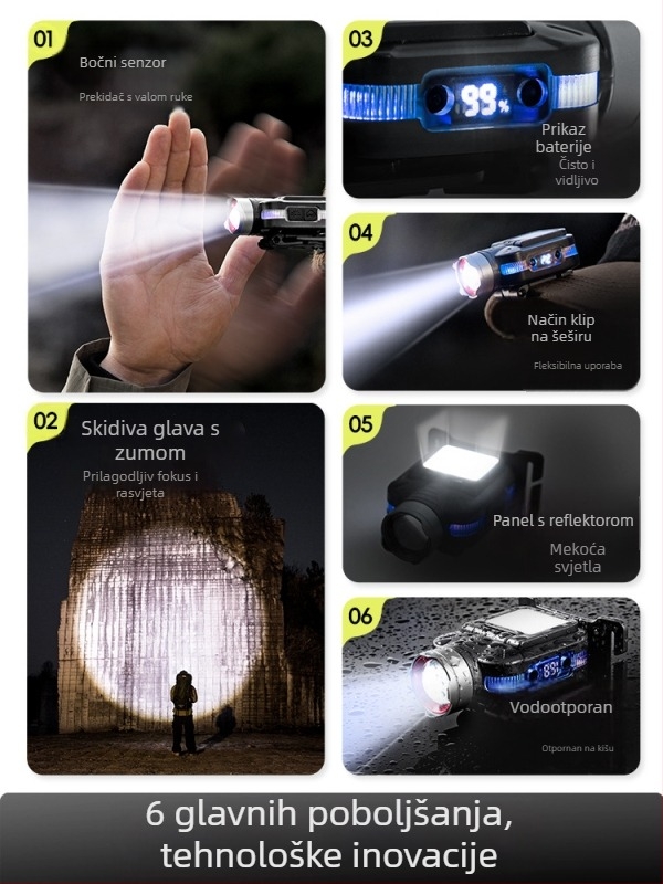 Čelna lampica za ribolov, punjiva LED, domet 50 m, trajanje 3,5 h u jačem svjetlu (Model DJ038)