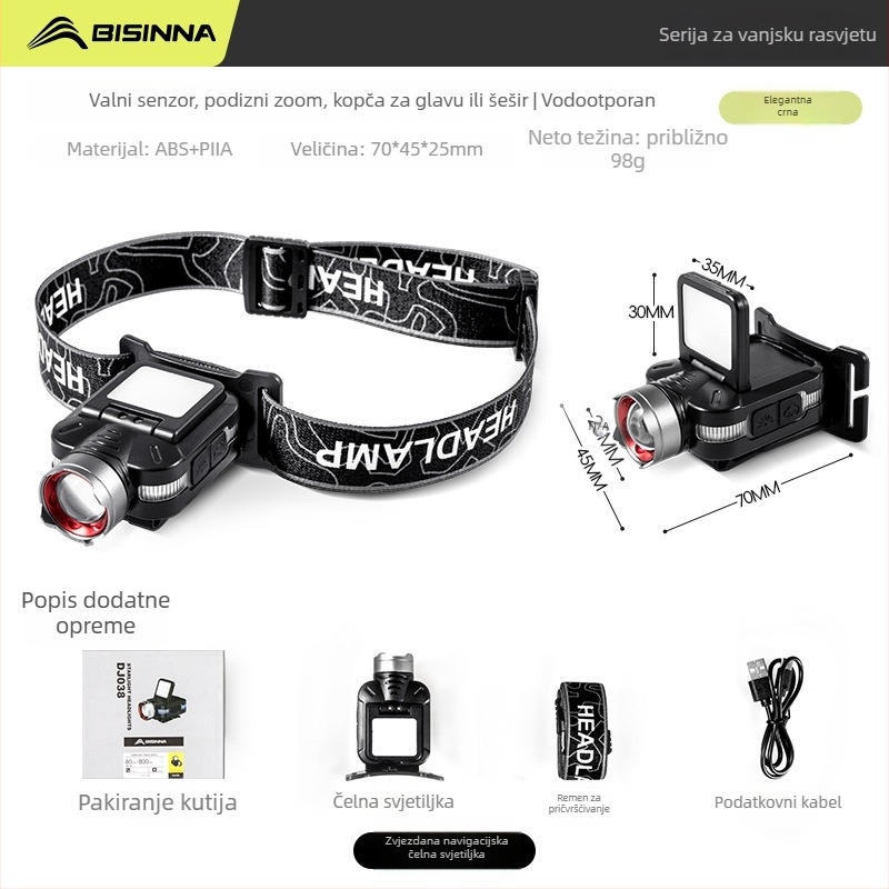 Čelna lampica za ribolov, punjiva LED, domet 50 m, trajanje 3,5 h u jačem svjetlu (Model DJ038)