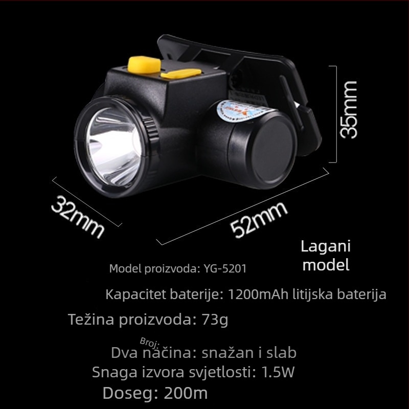 Yager LED čelna lampica s nabavljivom baterijom od 1200 mAh, 1,5 W LED, doseg 100–200 m, uključen punjač, pogodna za planinarenje, kampiranje, noćni ribolov, potragu, patrolu