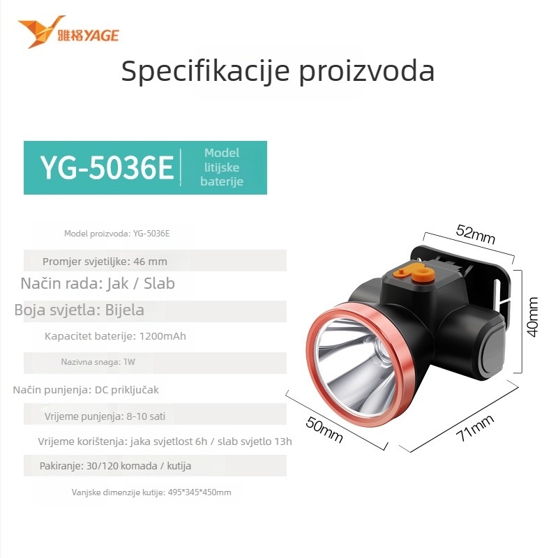 Yage YG5036 Punjiva LED čelna lampica, 1W, baterija 1200mAh, ručno tlačno napajanje, domet 500 m+