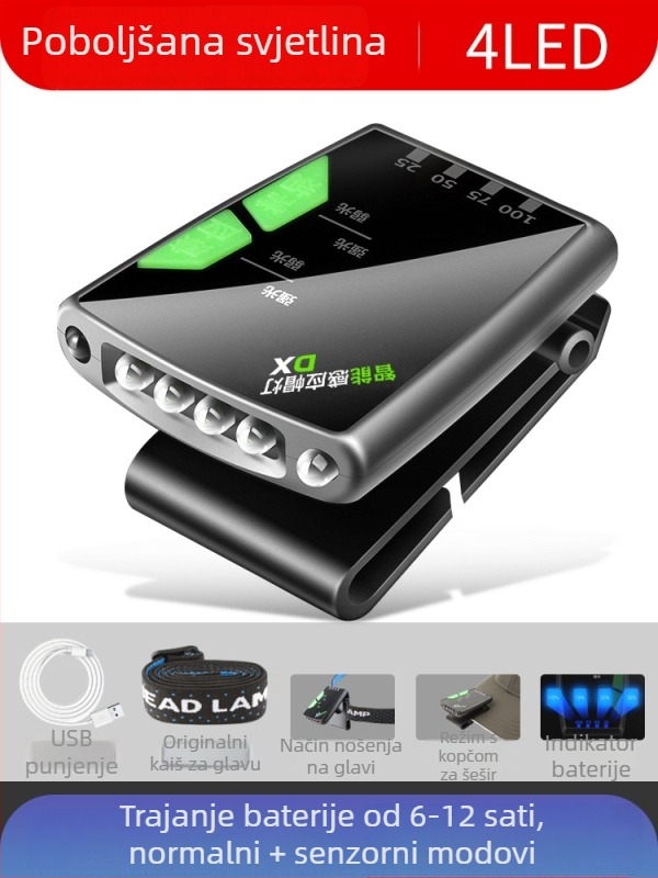 LED čelna svjetiljka za noćno pecanje, s klips kapom, indukcijski prekidač, vodootporna, dugotrajna baterija