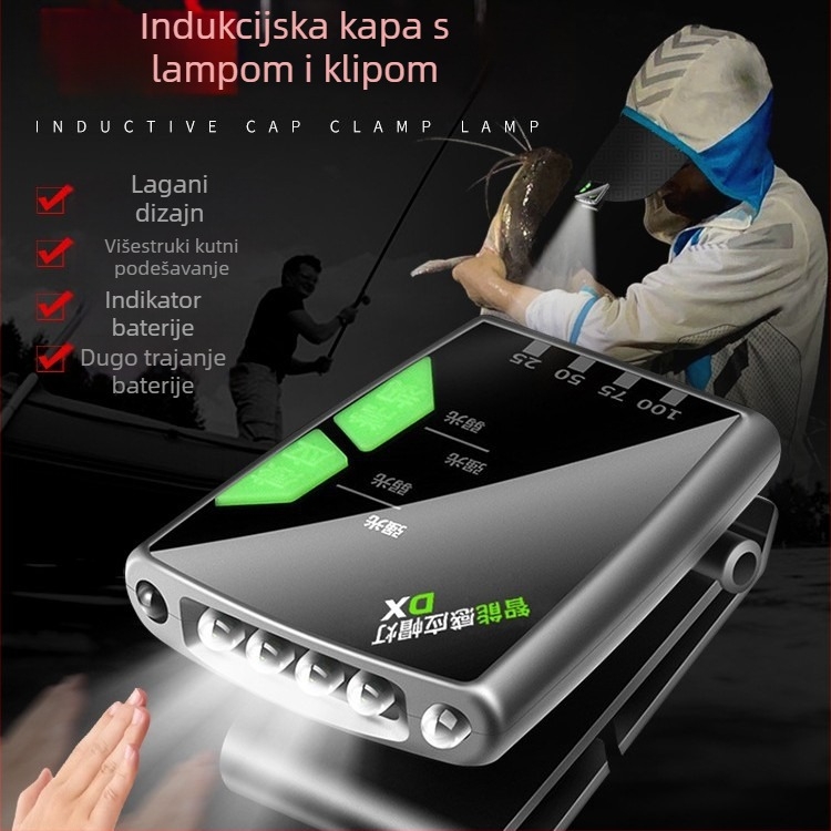 LED čelna svjetiljka za noćno pecanje, s klips kapom, indukcijski prekidač, vodootporna, dugotrajna baterija