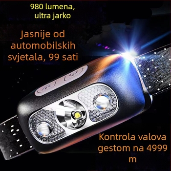 Čelna lampa s COB LED, aluminijsko tijelo, ručno generiranje kinetičke energije, domet 500 m, kompaktno noćno ribolovno svjetlo