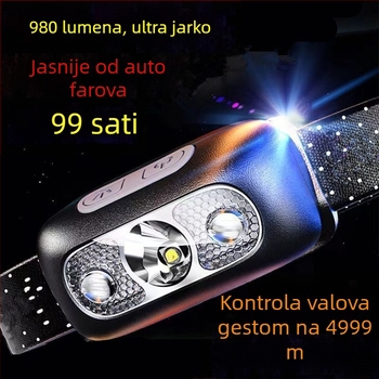 Čelna lampa s COB LED, aluminijsko tijelo, ručno generiranje kinetičke energije, domet 500 m, kompaktno noćno ribolovno svjetlo