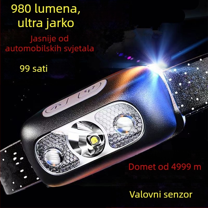 Čelna lampa s COB LED, aluminijsko tijelo, ručno generiranje kinetičke energije, domet 500 m, kompaktno noćno ribolovno svjetlo