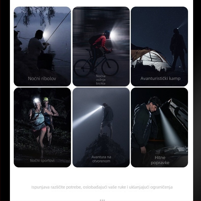 LED čelna lampica, 900 lm, 15W, punjiva 2800mAh, aluminijska legura, vodootporna, domet do 200 m, za noćnu vožnju, speleologiju, noćni ribolov, patrolu