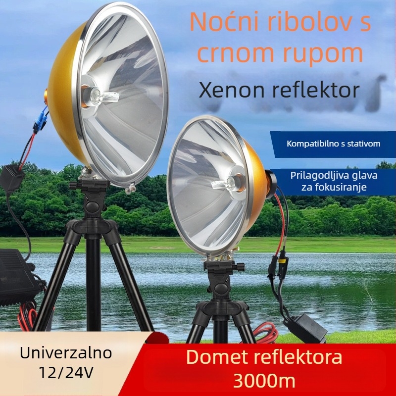Čelna lampica za noćni ribolov: 1000W Xenon lampa, 12V vanjsko napajanje, domet zrake 3000m, vodootporna, težina 2224 g