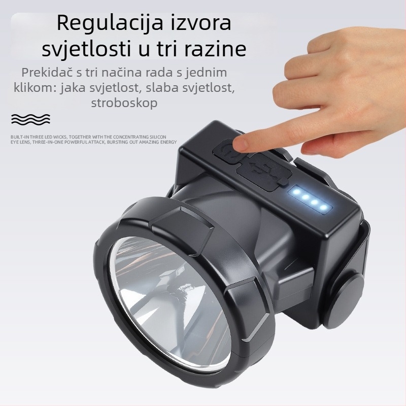 Punijiva LED čelna lampica, vodootporna, 10W, baterija 800–1600 mAh, na glavi, domet zrake 100–200 m
