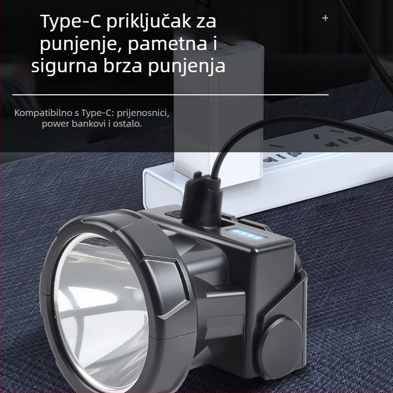 Punijiva LED čelna lampica, vodootporna, 10W, baterija 800–1600 mAh, na glavi, domet zrake 100–200 m