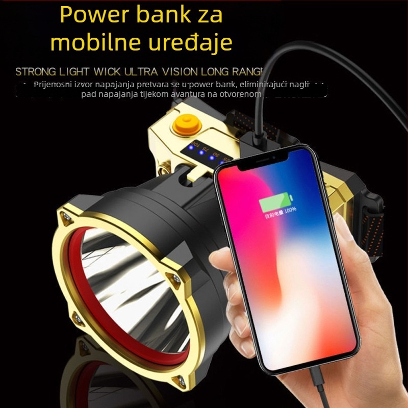 Čelna LED svjetiljka 10W, litijeva baterija 1500mAh, punjiva, domet 100–200 m, osvjetljenje za kampiranje na otvorenom