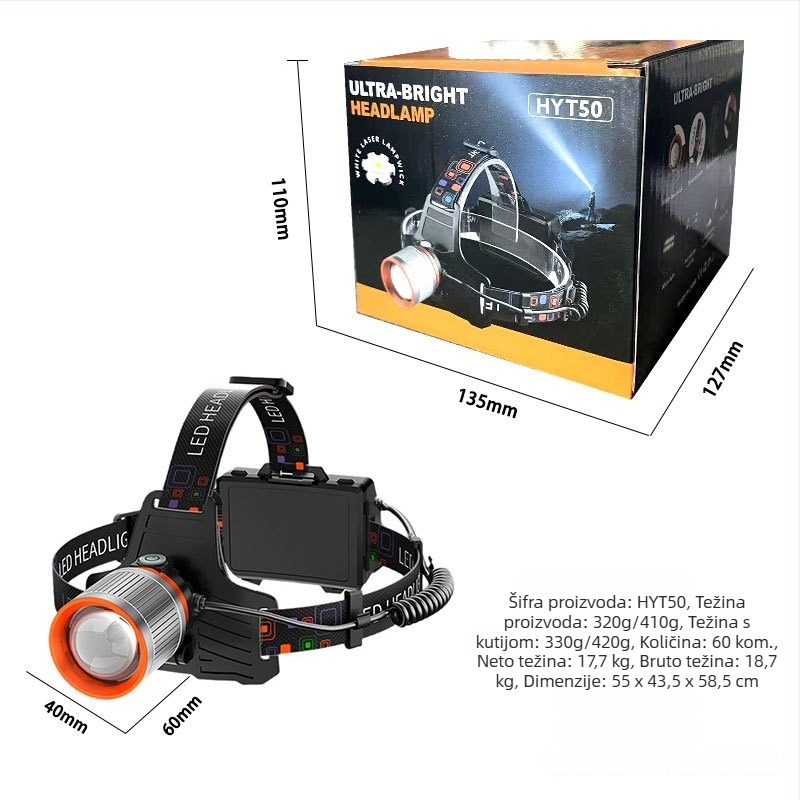 HYT50 LED čelna svjetiljka – 15W Punjiva, 3600mAh baterija, ispis logotipa po narudžbi