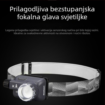 Čelna lampica za noćni ribolov, punjiva LED, podesivi fokus, neprekidno podešavanje jačine, s trakom za glavu, domet 200 m, trajanje 90 h