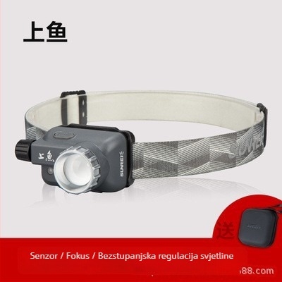 Čelna lampica za noćni ribolov, punjiva LED, podesivi fokus, neprekidno podešavanje jačine, s trakom za glavu, domet 200 m, trajanje 90 h