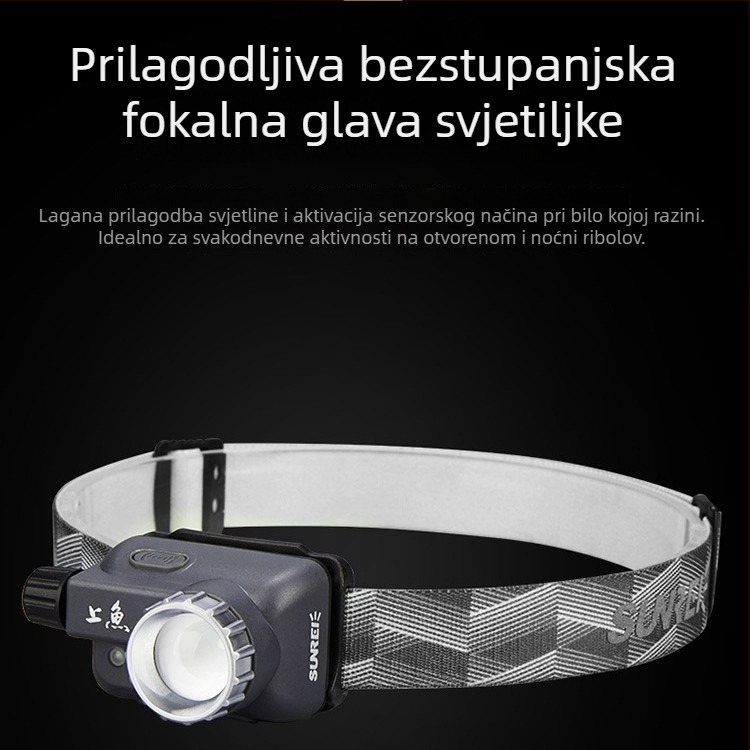 Čelna lampica za noćni ribolov, punjiva LED, podesivi fokus, neprekidno podešavanje jačine, s trakom za glavu, domet 200 m, trajanje 90 h