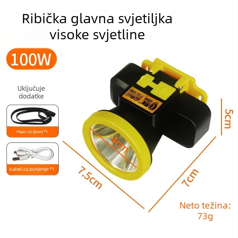 Ribolovna čelna svjetiljka, punjiva, domet zrake 200 m, 18 sati rada, vodootporna