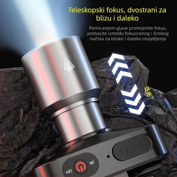LED čelna svjetiljka, punjiva, 10W, 1800mAh, aluminijska legura, domet 100–200 m