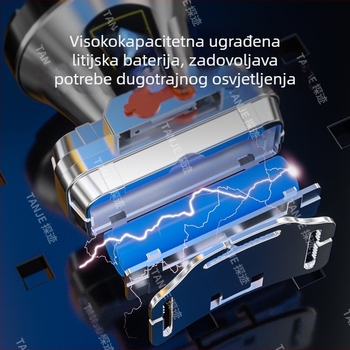LED čelna lampica 10W, USB-C punjenje, vodootporna, 360° rotacija, domet 100-200 m, za noćni ribolov i outdoor aktivnosti