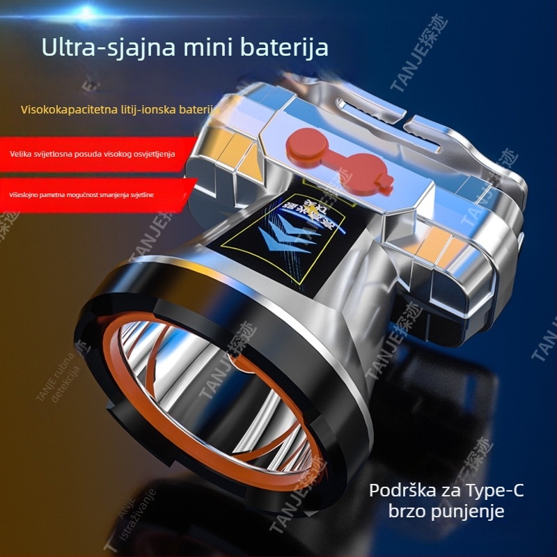 LED čelna lampica 10W, USB-C punjenje, vodootporna, 360° rotacija, domet 100-200 m, za noćni ribolov i outdoor aktivnosti