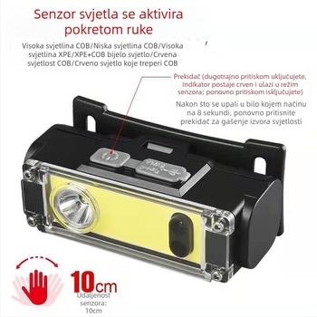Čelna LED svjetiljka COB s USB punjenjem, 5W, baterija 1200 mAh, domet 200–500 m
