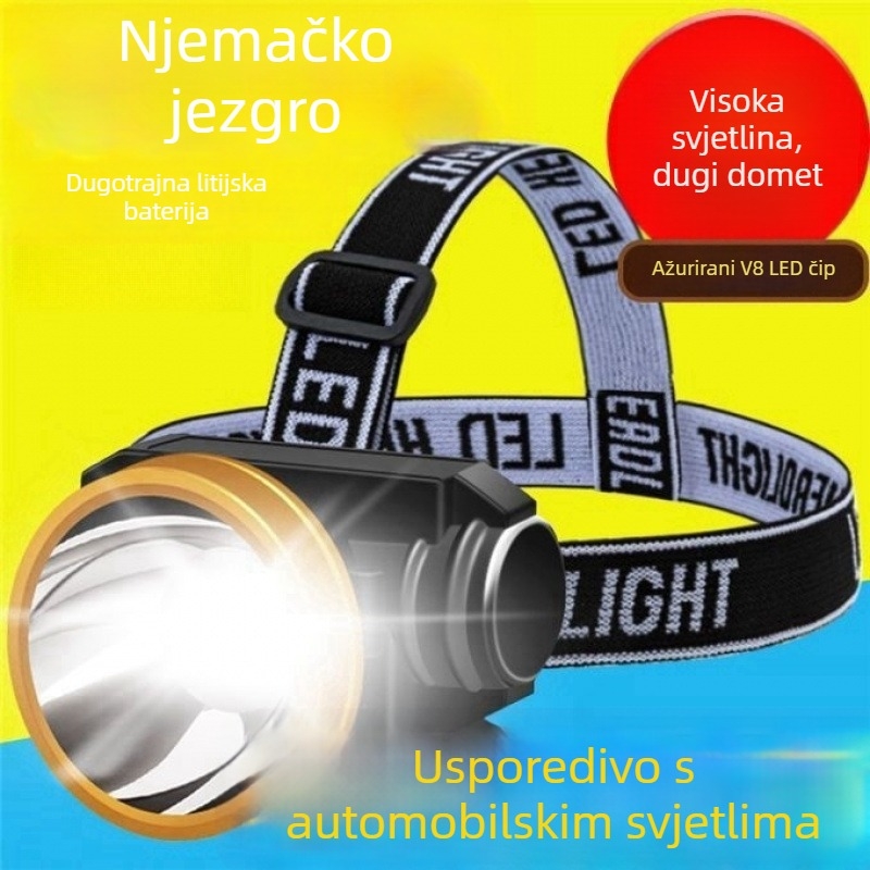 LED čelna lampica za noćni ribolov, punjiva, COB LED, na glavi, 30–40W, dug domet, napajanje kinetičkom energijom