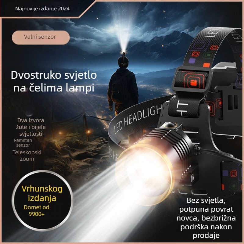 Čelna lampica od aluminijske legure, punjiva, laserski izvor svjetla, domet 200-500 m, ručni pogon